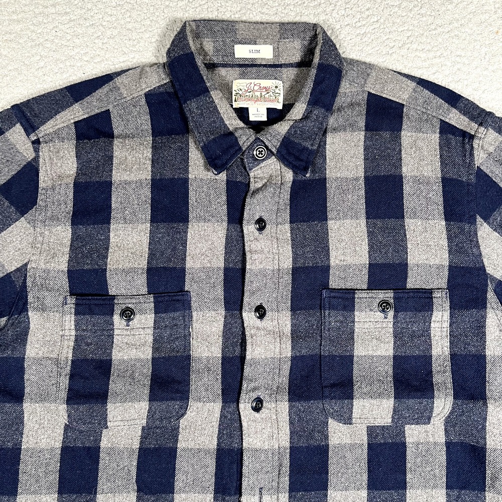 J Crew Shirt Mens Large Blue Plaid Midwieght Flannel Double Brushed Outdoor Logo